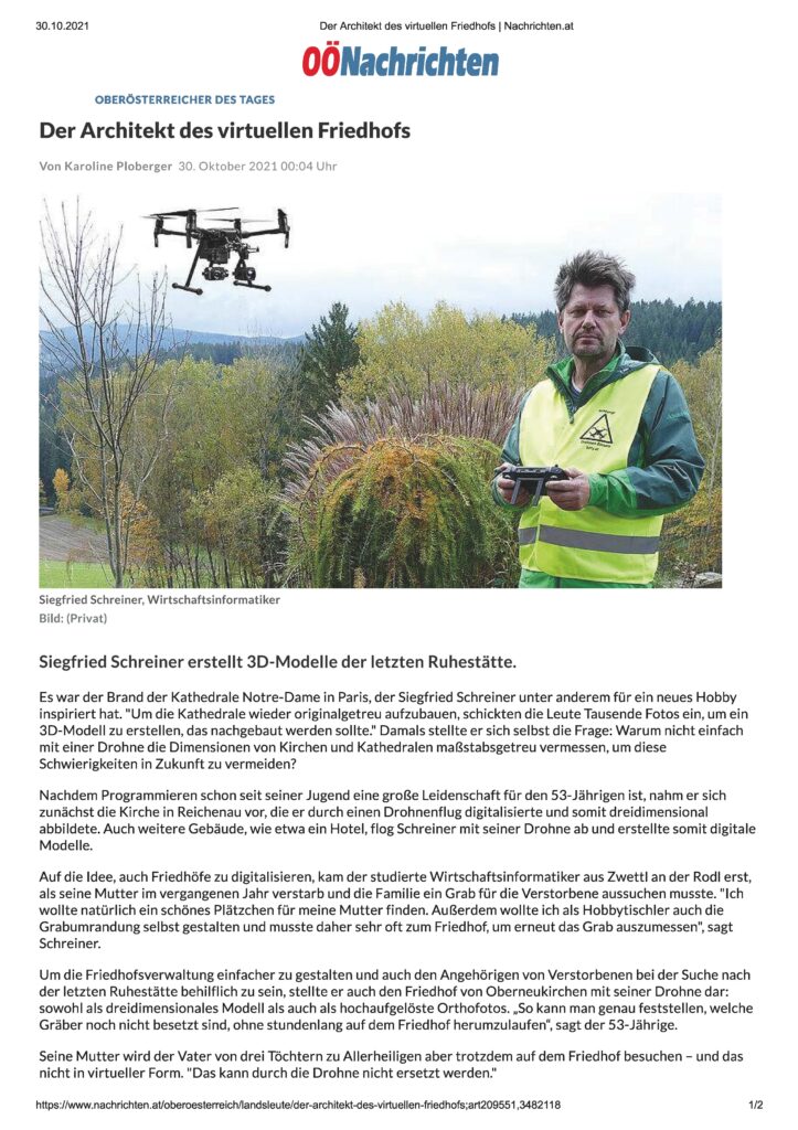 OÖ Nachrichten Friedhof digitalisieren, Friedhofsplan, Gräberplan, Friedhofskataster. Das Ingenieurbuero 3D fly erstellt auch Blendgutachten