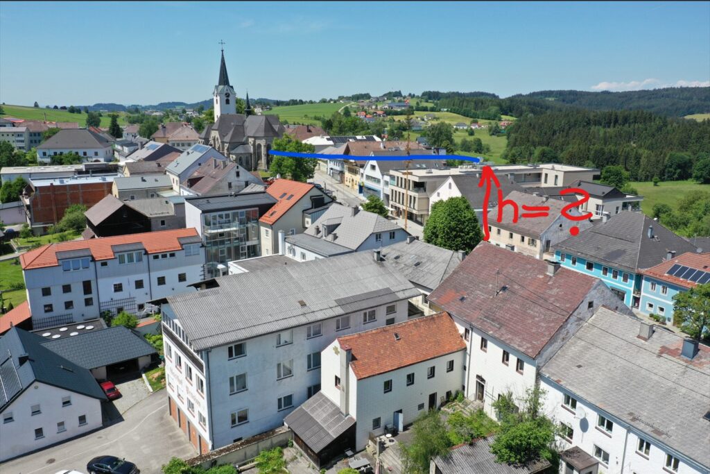 Gesucht wird die Höhe um Sicht auf die Pfarrkirche zu bekommen